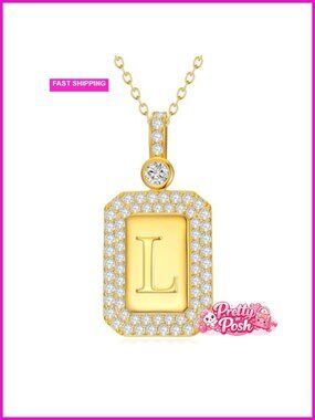 18k Gold Initial Dog Tag Necklace with CZ Diamonds
